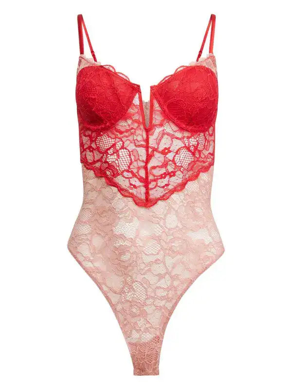 Fleur du Mal Red and Pink Bouquet Lace Heart Bodysuit – detail view