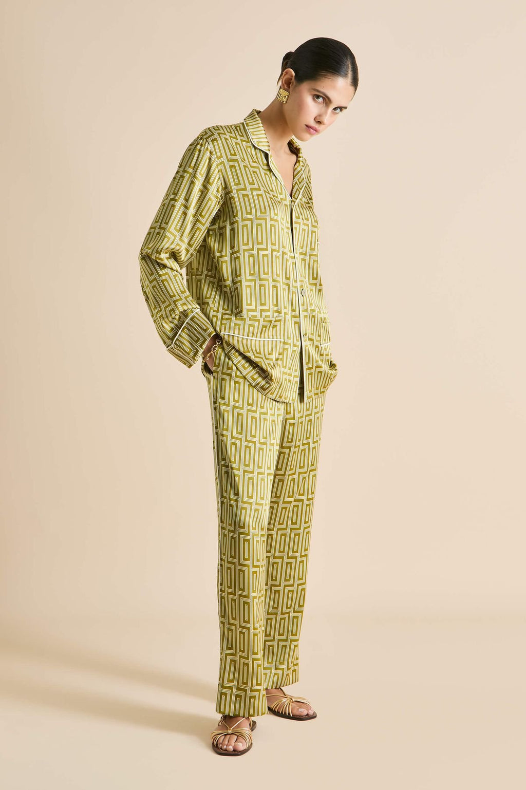 Olivia Von Halle Laurent Ruhlmann Gold Art Deco Silk Pajama Set