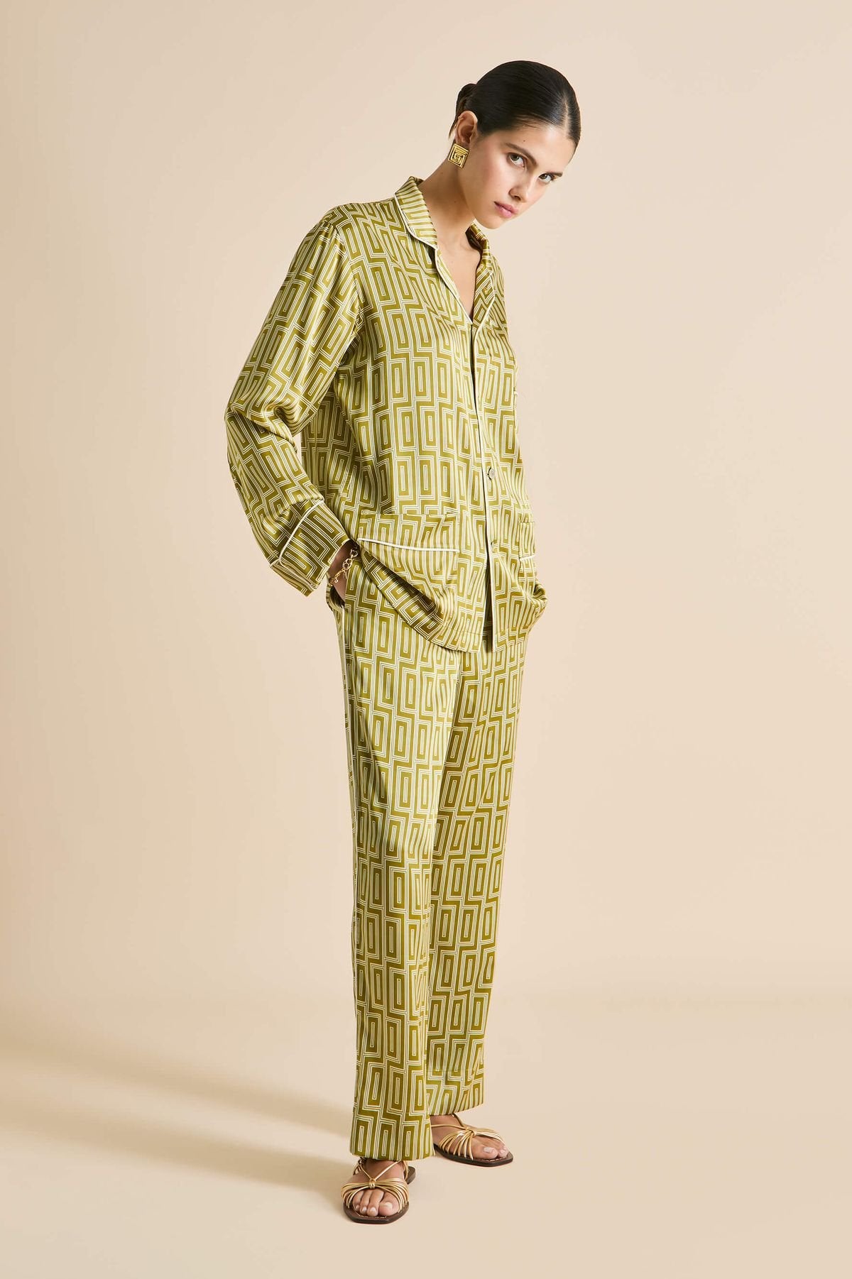 Olivia Von Halle Laurent Ruhlmann Gold Art Deco Silk Pajama Set