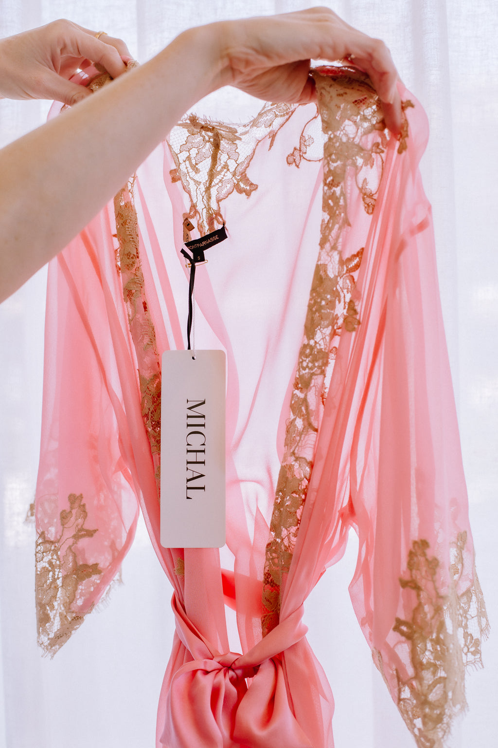 Kiki de Montparnasse Orchid Silk Chiffon and Lace Long Robe Rose Sucre