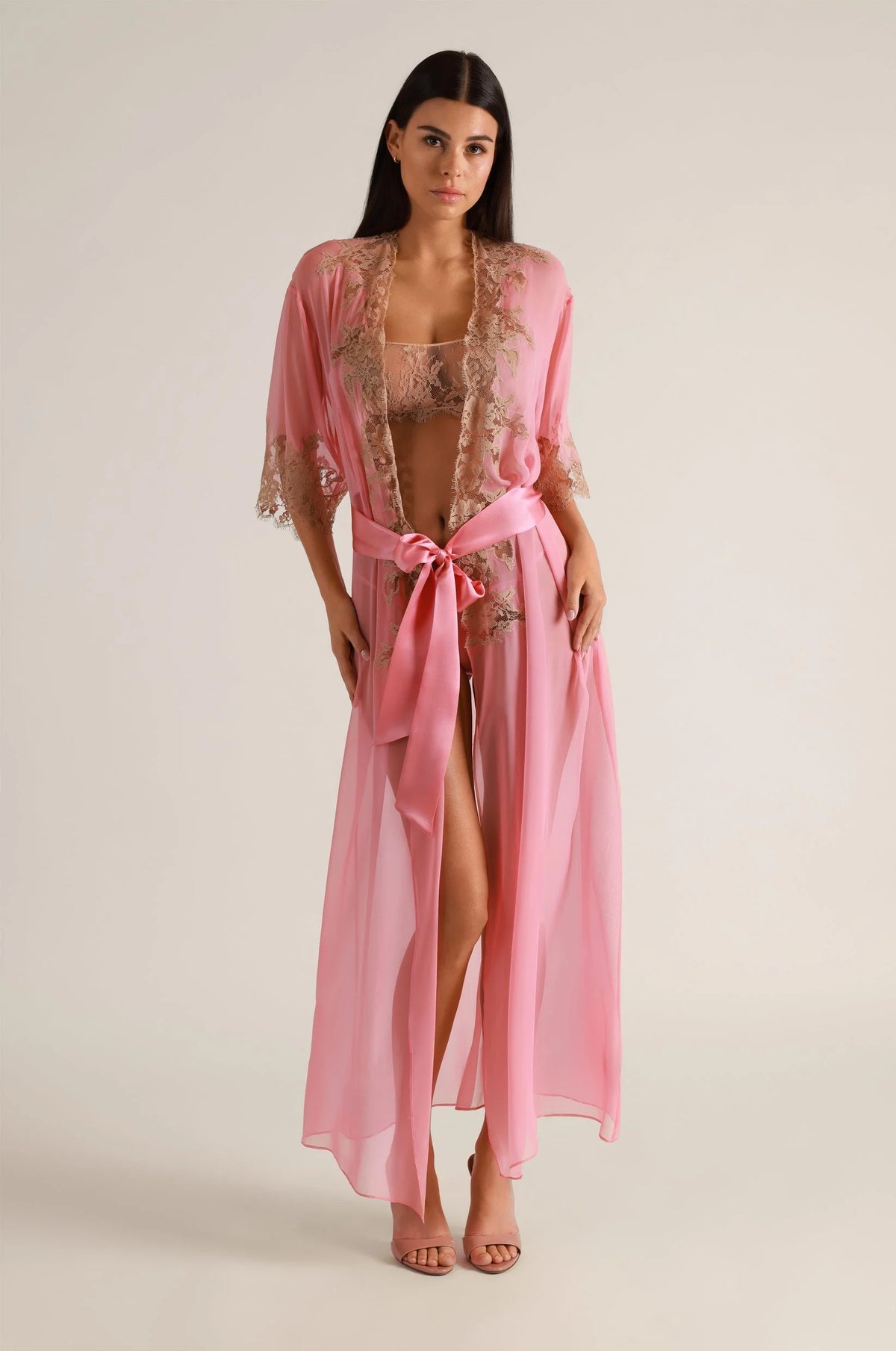 Kiki de Montparnasse Orchid Silk Chiffon and Lace Long Robe, Rose Sucre