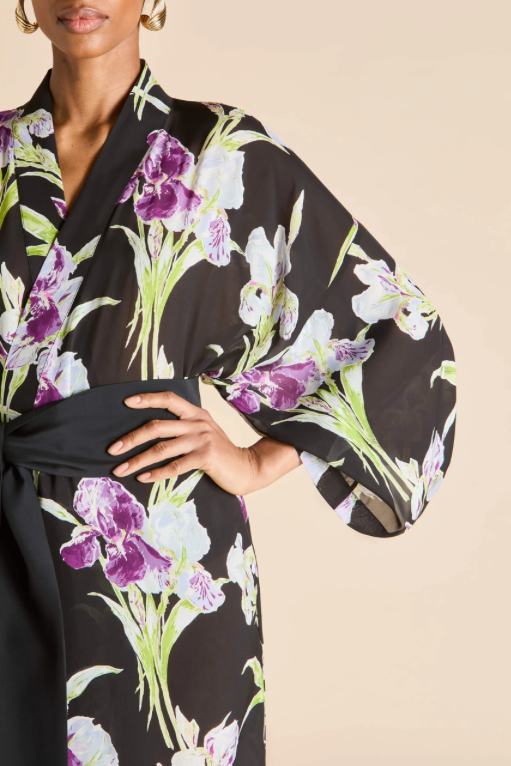 Olivia von Halle Amaya Silk Chiffon Robe, Seaholly Black Floral – detail view
