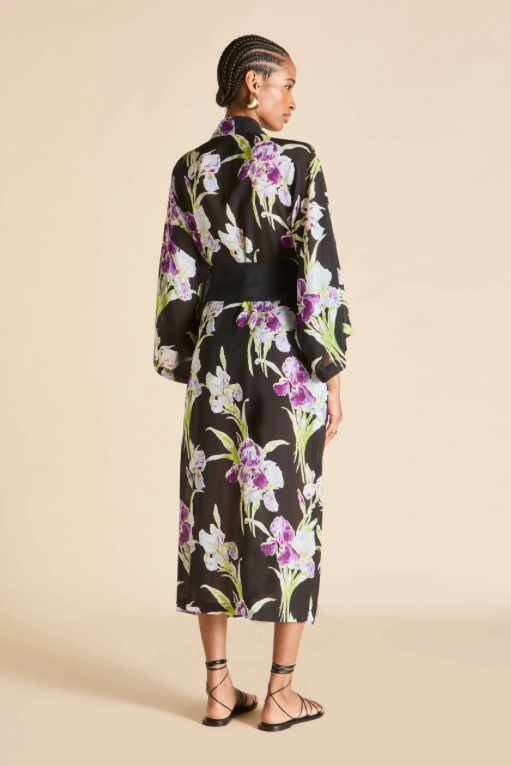 Olivia von Halle Amaya Silk Chiffon Robe, Seaholly Black Floral – detail view