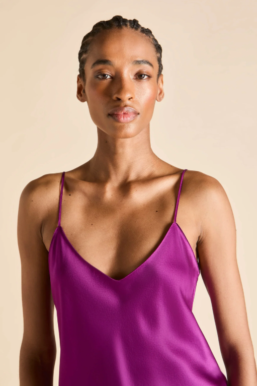 Olivia von Halle Bliss Camisole and Long Pant Pajama Set, Plum or Ruby – detail view