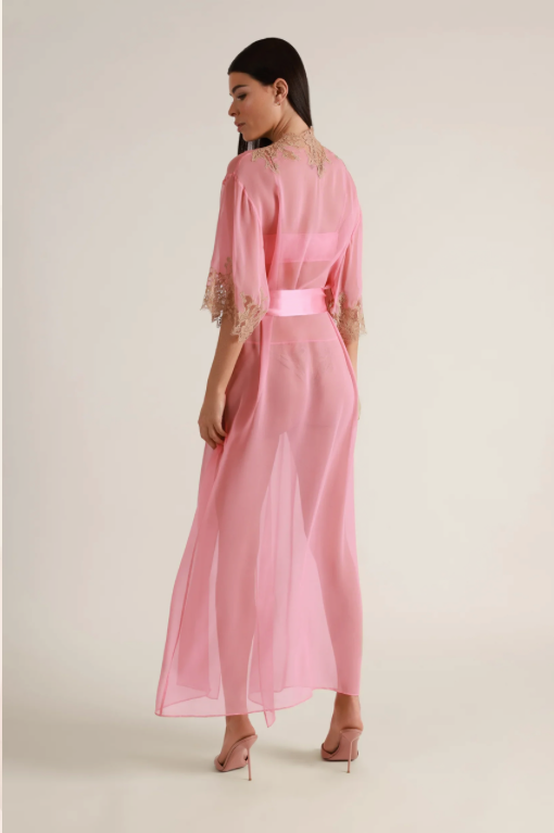 Kiki de Montparnasse Orchid Silk Chiffon and Lace Long Robe, Rose Sucre – detail view