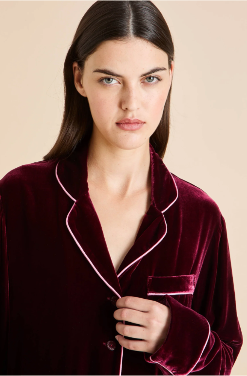 Olivia von Halle Coco Claret Red Velvet Pajamas – detail view
