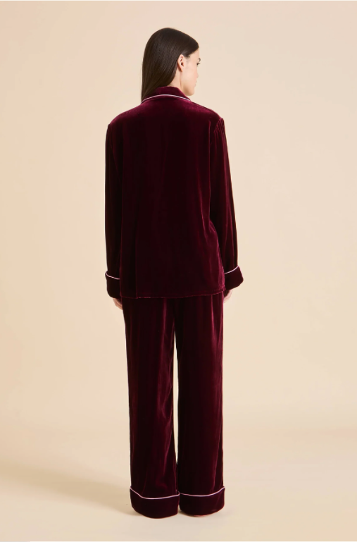 Olivia von Halle Coco Claret Red Velvet Pajamas – detail view