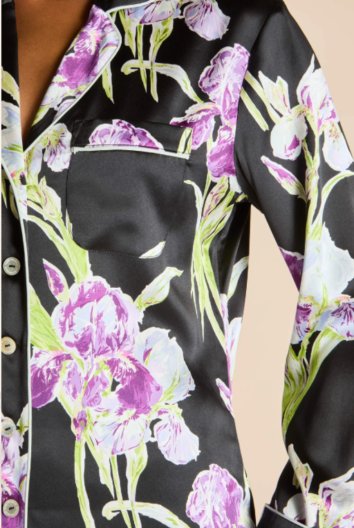 Olivia von Halle Lila Athena Black Floral Silk Pajamas – detail view