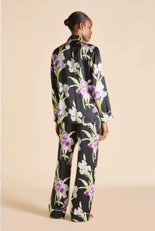 Olivia von Halle Lila Athena Black Floral Silk Pajamas – detail view
