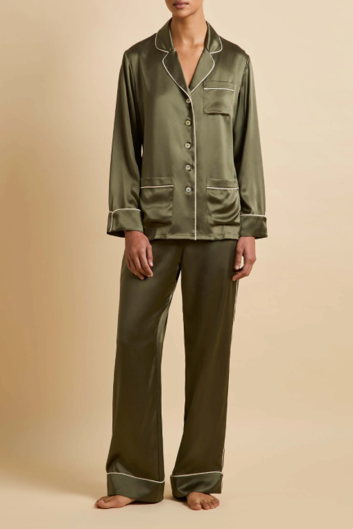 Olivia Von Halle Coco Nori Green Silk Pajama Set – detail view