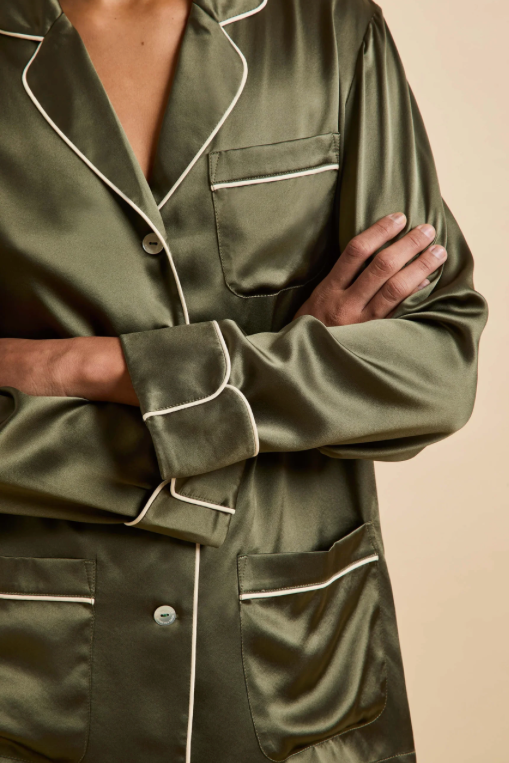 Olivia Von Halle Coco Nori Green Silk Pajama Set – detail view
