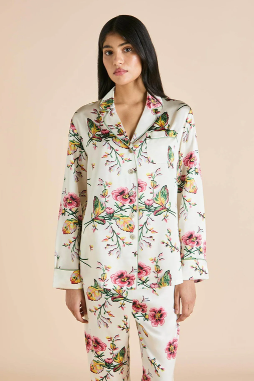 Olivia Von Halle Lila Maugham Silk Pink and White Floral Pajama Set – detail view