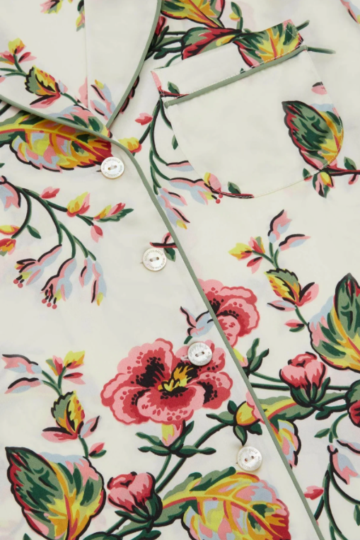 Olivia Von Halle Lila Maugham Silk Pink and White Floral Pajama Set – detail view