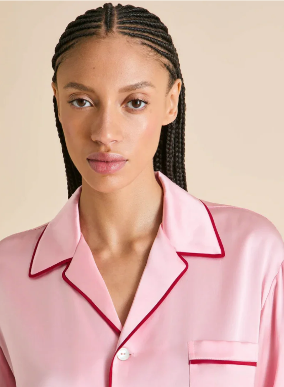 Olivia von Halle Yves Blush Pink Silk Pajamas – detail view