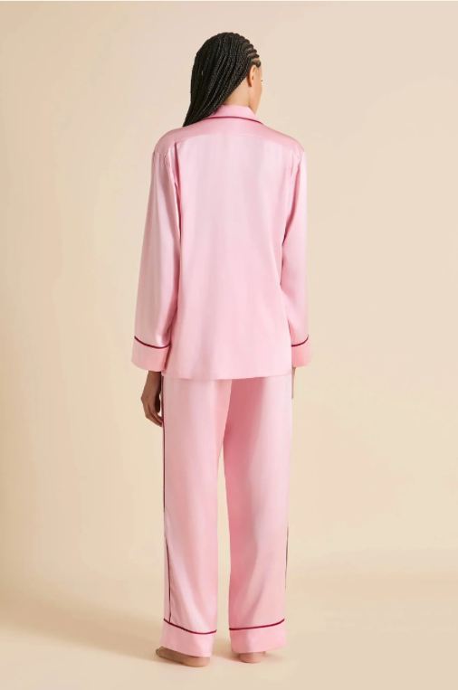 Olivia von Halle Yves Blush Pink Silk Pajamas – detail view