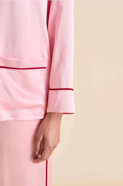 Olivia von Halle Yves Blush Pink Silk Pajamas – detail view