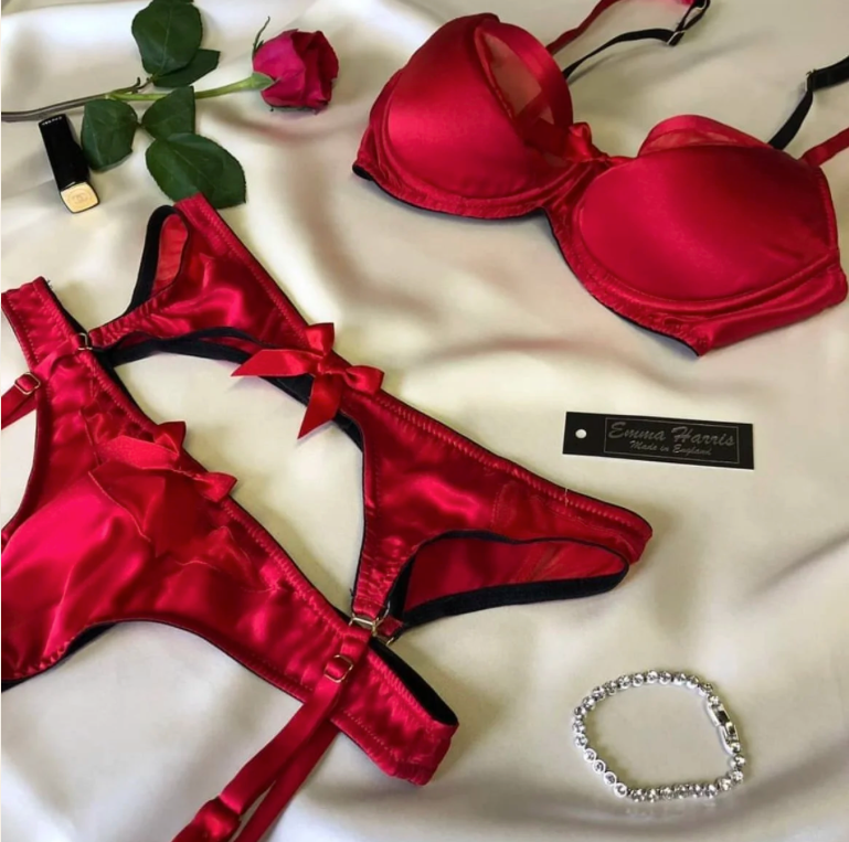 Emma Harris Grace Red Silk lingerie – styled set view