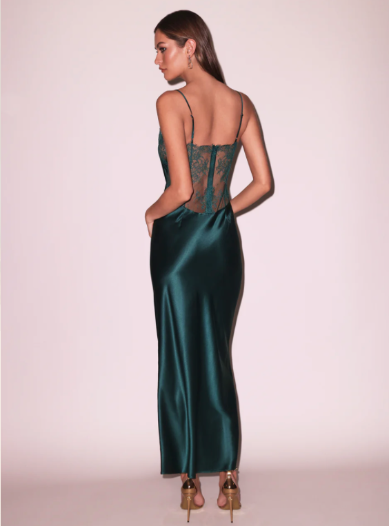 Fleur du Mal Evergreen Juliet Lace and Silk Back Long Slip Dress