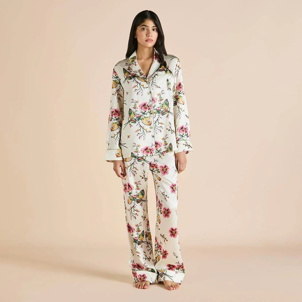 Olivia von Halle Lila Maugham Silk Pink and White Floral Pajama Set