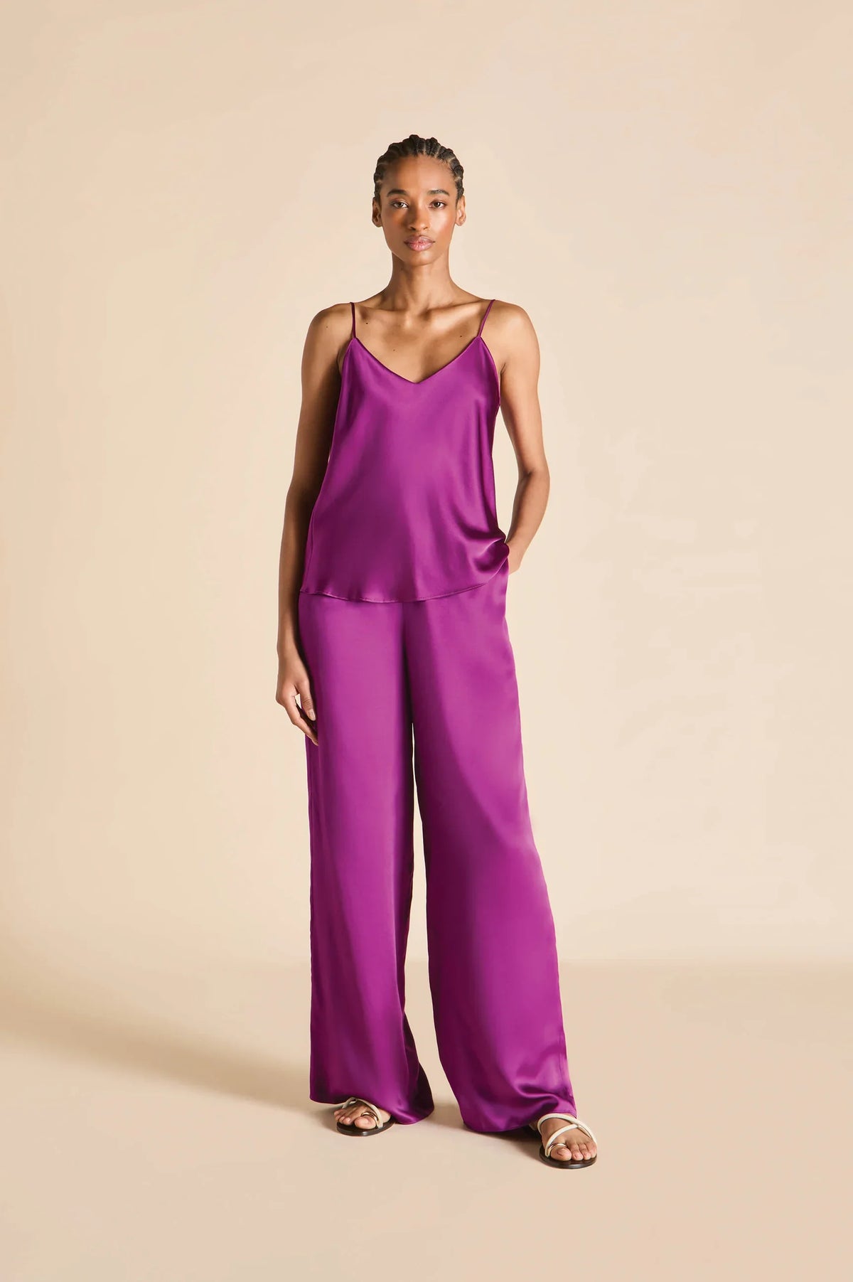 Olivia von Halle Bliss Camisole and Long Pant Pajama Set, Plum or Ruby – detail view