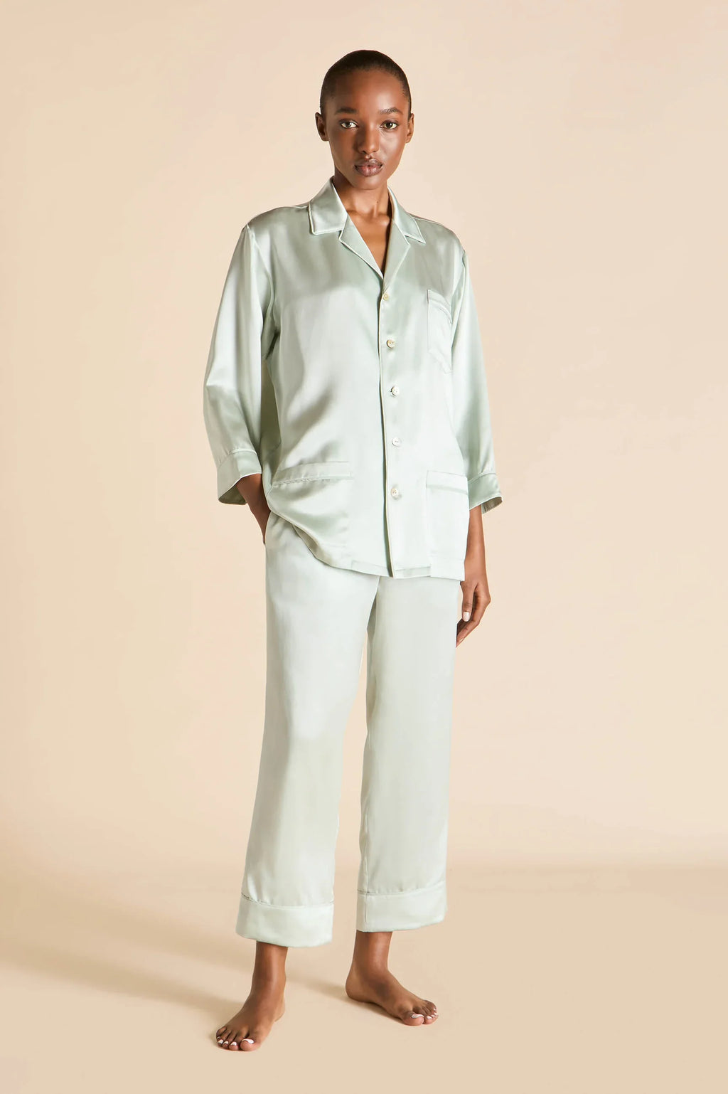 Olivia von Halle Fifi Paper Blue Silk Pajamas – detail view