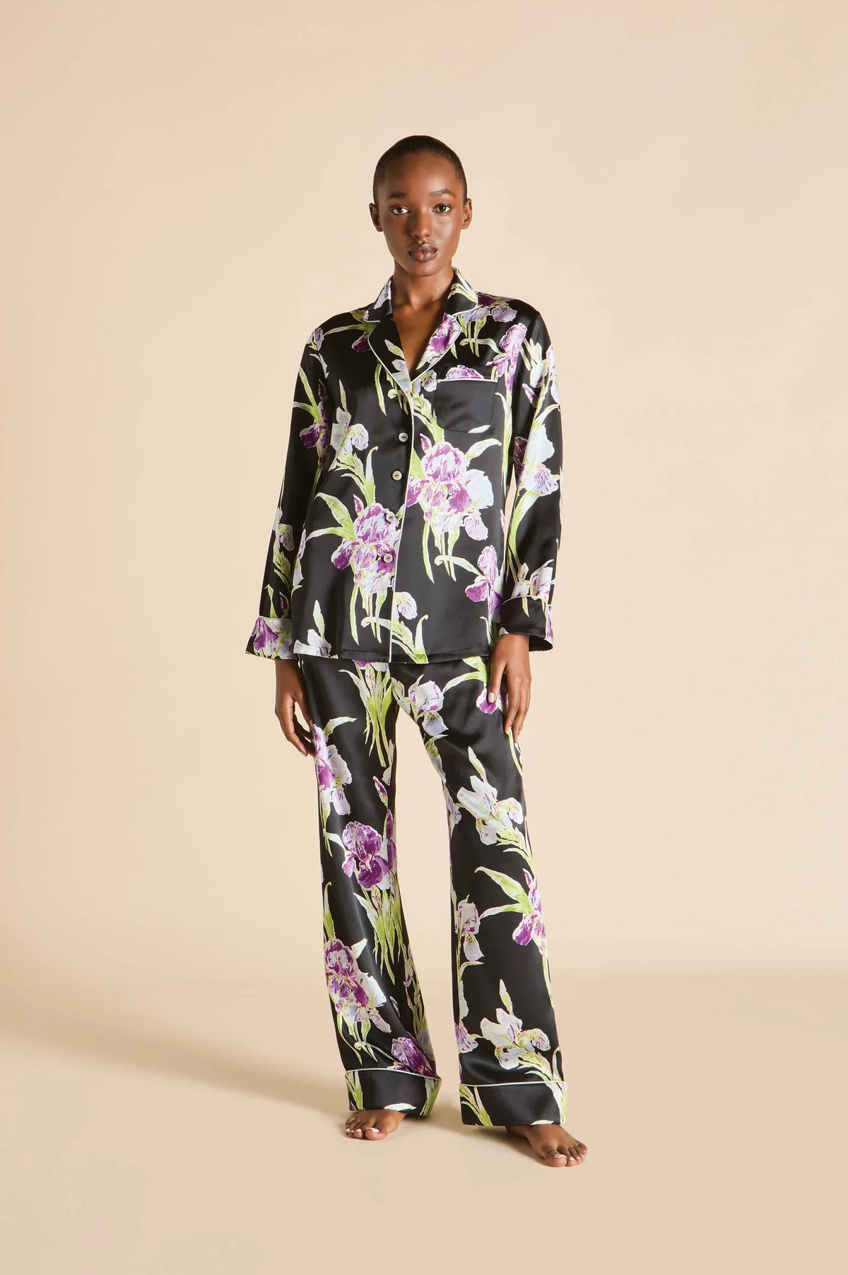 Olivia von Halle Lila Athena Black Floral Silk Pajamas